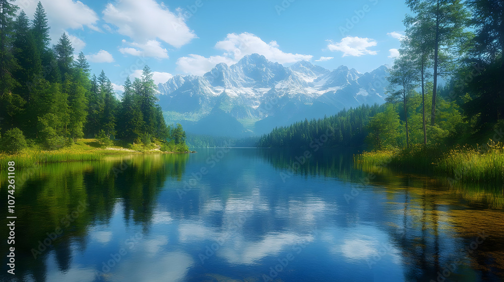Mountain Lake Landscape with Blue Sky and Trees Mountain Lake Landscape with Blue Sky and Trees