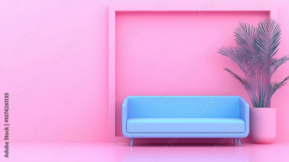 Minimalist Pink Living Room Interior Design with Blue Sofa and Palm Plant