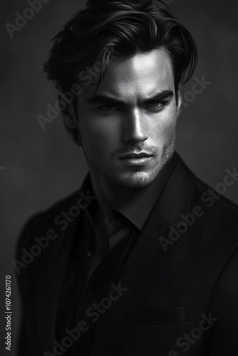 black and white photo of very sexy man in black suit, portrait studio