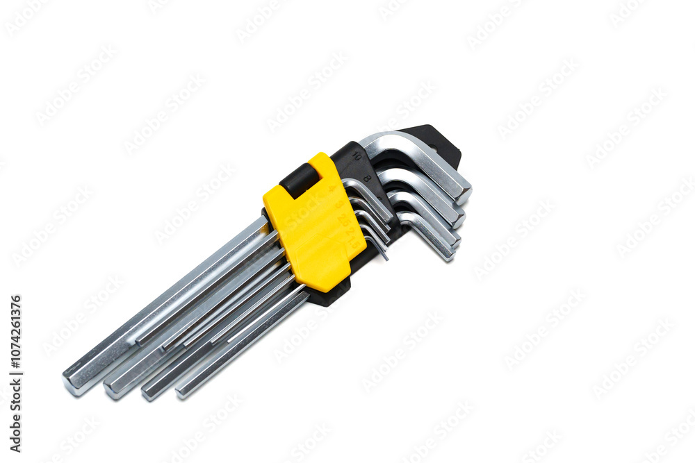 Set of hex imbus keys made of durable steel with tempering on a white background Set of hex imbus keys made of durable steel with tempering on a white background