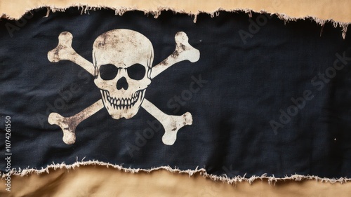 A weathered pirate flag featuring a skull and crossbones design. photo