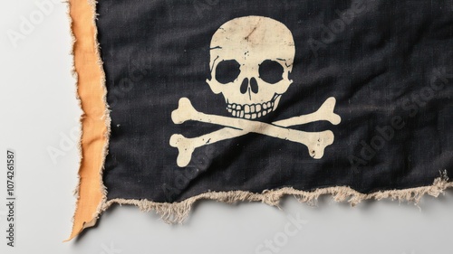 A weathered pirate flag showcasing a skull and crossbones design. photo