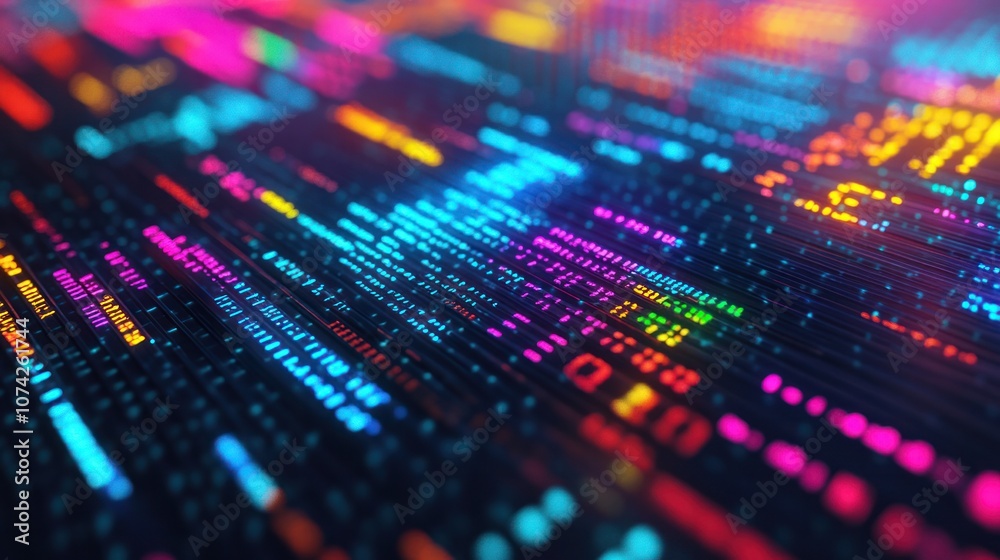 a computer screen displaying colorful lines of code with abstract technological elements and binary numbers floating in the background