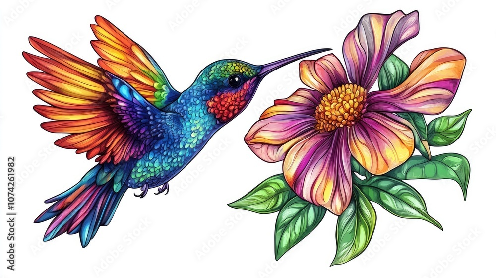 Obraz premium Colorful tropical hummingbird with a flower on a white background 2D cartoon illustration depicting a vibrant paradise bird hovering over a blooming flower