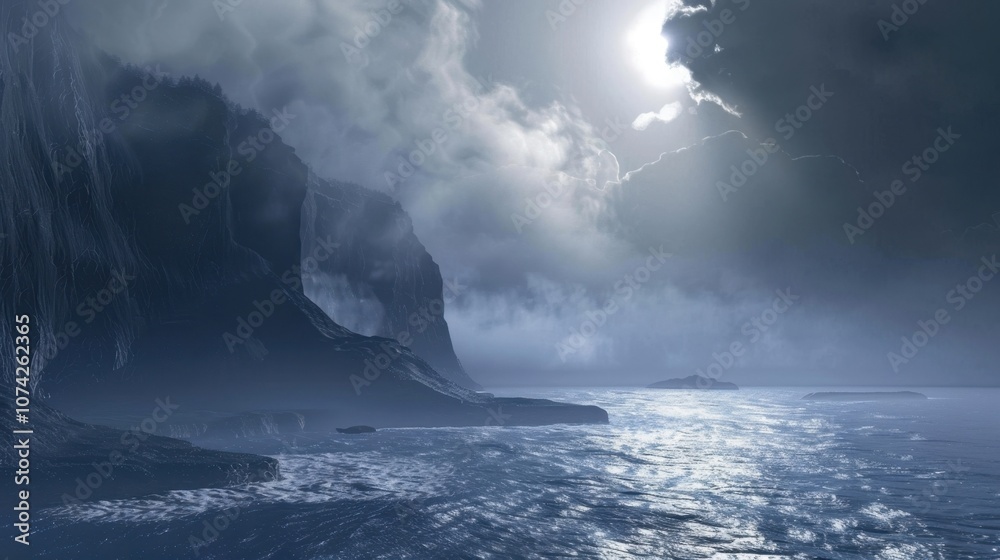 Naklejka premium A mystical almost otherworldly atmosphere is created by the dreamy soft mist that hangs above the ocean giving the illusion of a floating realm.