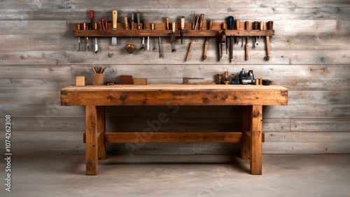 A wooden workbench with various tools in a rustic setting.