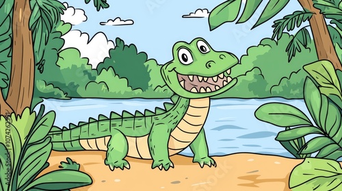 Crocodile coloring page designed for kids featuring a 2D cartoon illustration perfect for children s coloring activities photo