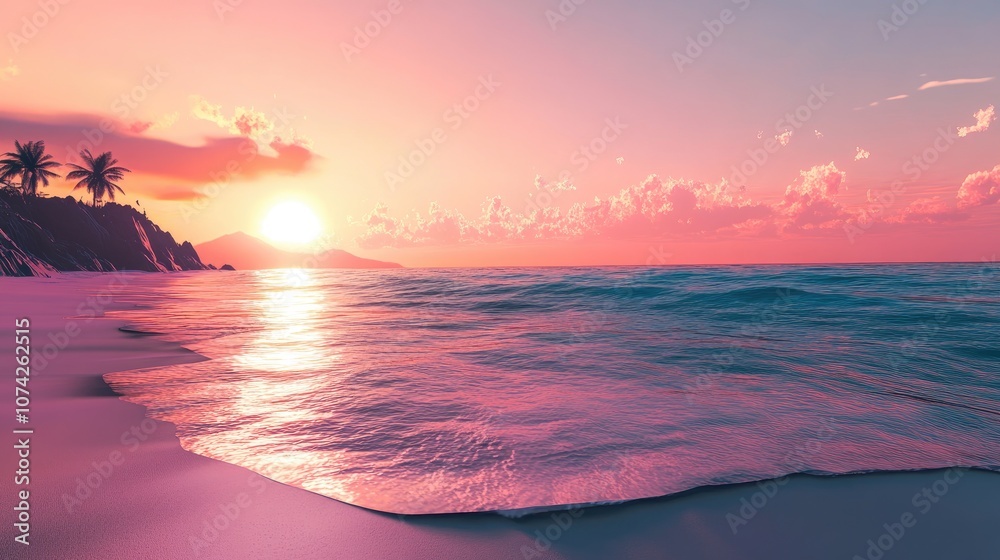 Obraz premium Serene beach landscape featuring a tranquil sunset over the horizon