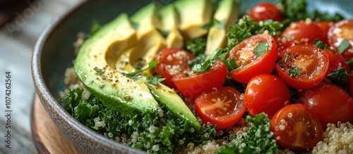 Close-up of a bowl with quinoa, avocado, tomatoes, and kale.