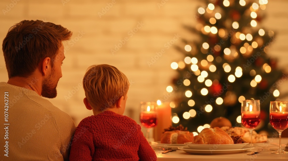 A heartwarming scene of a father and son enjoying a festive dinner with a beautifully lit Christmas tree in the background. A heartwarming scene of a father and son enjoying a festive dinner with a beautifully lit Christmas tree in the background.