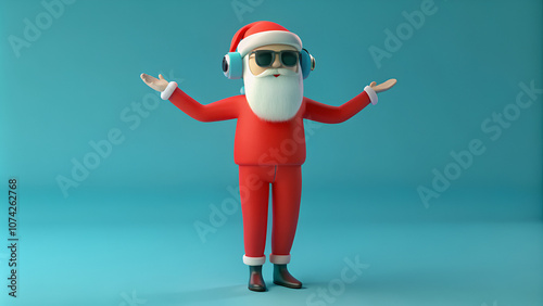 photo of funky cool big abdomen santa claus enjoy listen headphones x mas christmas songs radio raise fingers dance wear sunglass suspenders headwear isolated over pastel color background photo