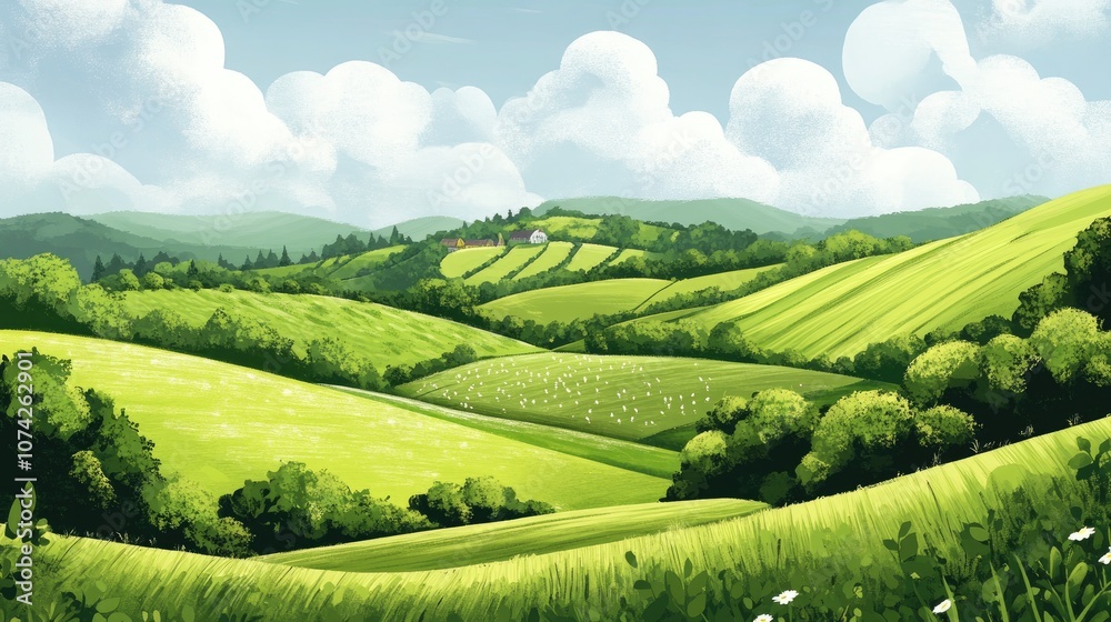 Fototapeta premium Countryside landscape featuring rolling hills and green pastures in a cartoon sketch style Vibrant rural scenery captured in a 2D illustration
