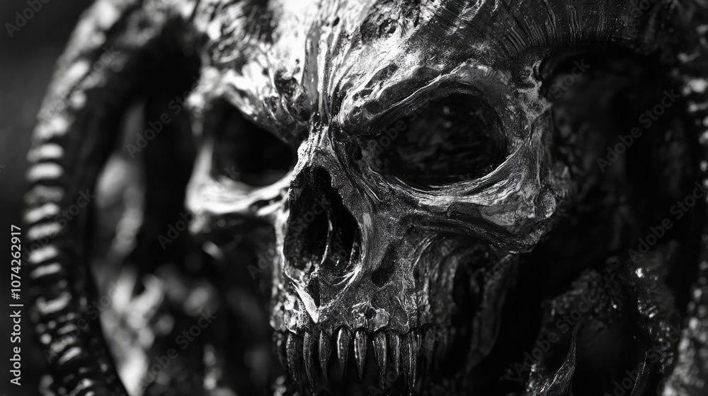 Fototapeta premium Devil skull artwork featuring a dark metal inspired design in black and white tones