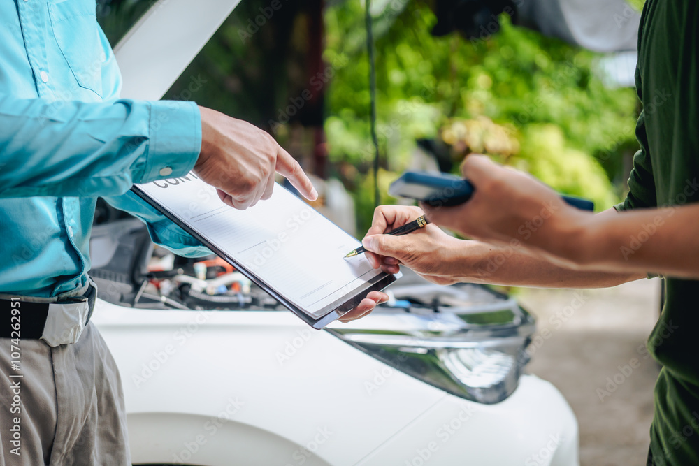 Asian clients engage with a car insurance agent beside a wrecked vehicle. They examine the policy details, assess the damage, and finalize paperwork related to the insurance claim and repairs. Asian clients engage with a car insurance agent beside a wrecked vehicle. They examine the policy details, assess the damage, and finalize paperwork related to the insurance claim and repairs.
