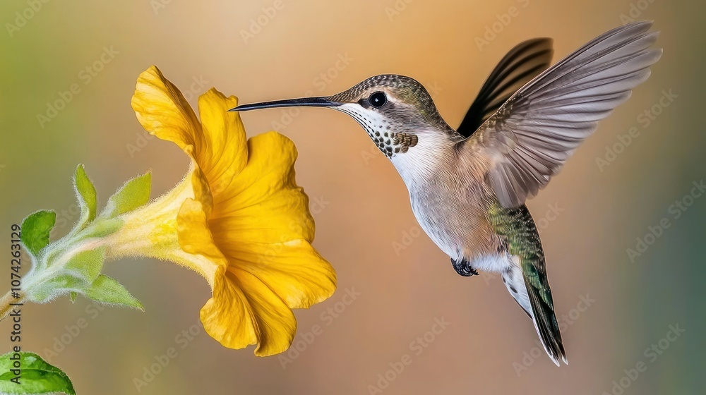 Fototapeta premium Hummingbird in Flight Feeding from Yellow Flower