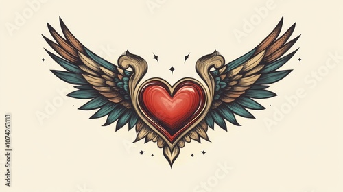 Vintage style tattoo design featuring a heart with wings created in 2D cartoon illustration with a love theme
