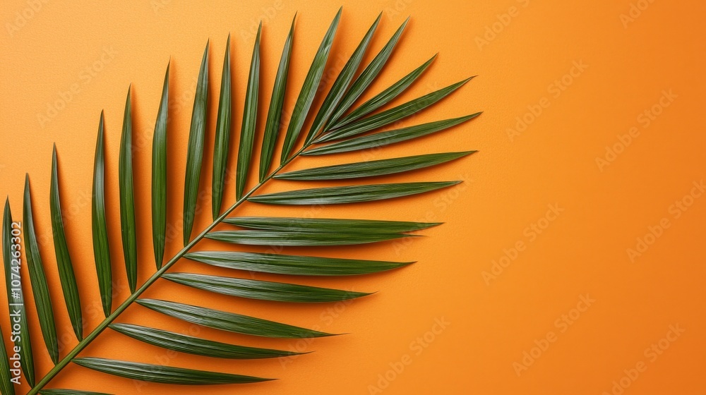 Obraz premium Tropical Palm Leaf on Orange Background Summer Design Element