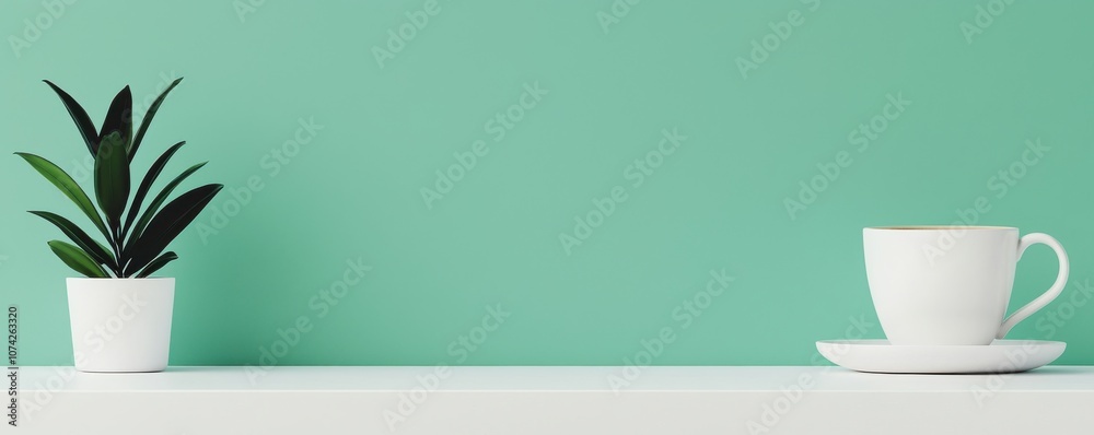 A minimalist scene featuring a potted plant and a white coffee cup against a soothing mint-green wall. A minimalist scene featuring a potted plant and a white coffee cup against a soothing mint-green wall.