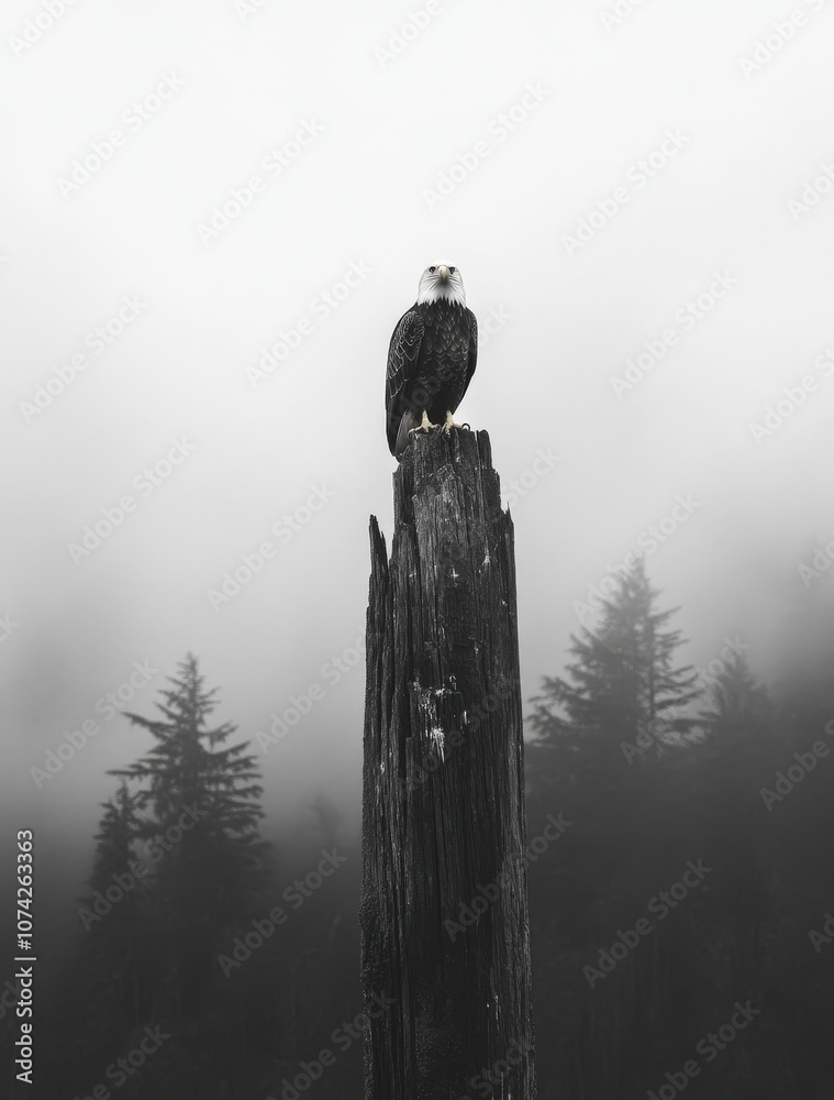 Fototapeta premium A bald eagle perched atop a weathered tree stump in a misty forest.