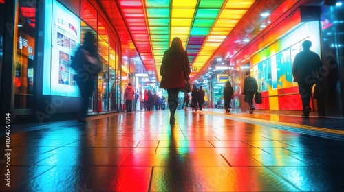 A vibrant urban scene with colorful lights and silhouettes of people walking through a corridor.