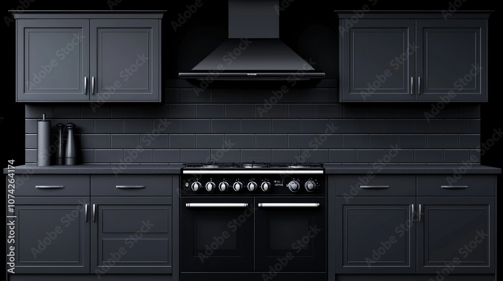 Fototapeta premium Modern Black Kitchen Interior Design with Range Hood and Stove