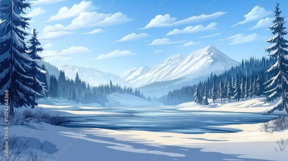 Obraz premium Winter landscape 2D cartoon artwork