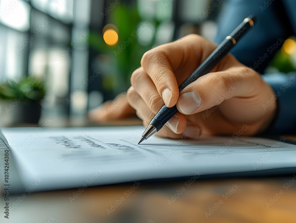 A focused businessperson writing notes with a pen on a paper document in a modern office environment. A focused businessperson writing notes with a pen on a paper document in a modern office environment.