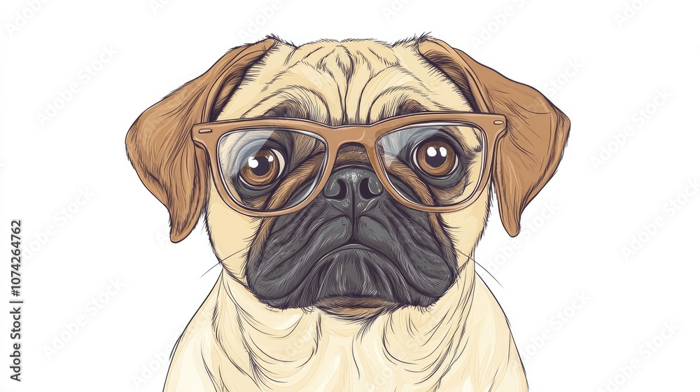 Obraz premium Hand drawn 2D cartoon illustration featuring a pug with glasses The dog sits amusingly showcasing a playful expression Each element is editable for your creative needs