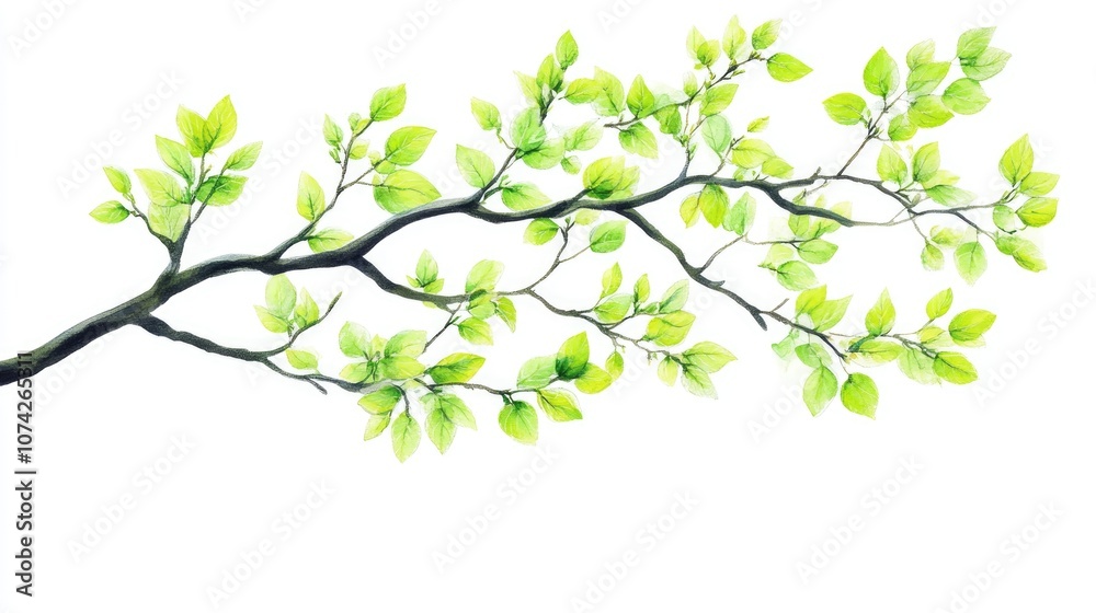 Cartoon illustration of a tree branch with vibrant green leaves set against a clean white background serving as a design element Cartoon illustration of a tree branch with vibrant green leaves set against a clean white background serving as a design element