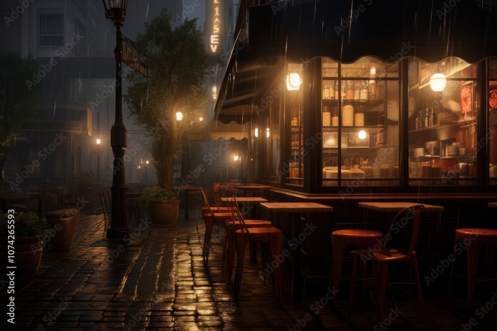Obraz premium Coffee shop in rainy day illuminated lighting street.
