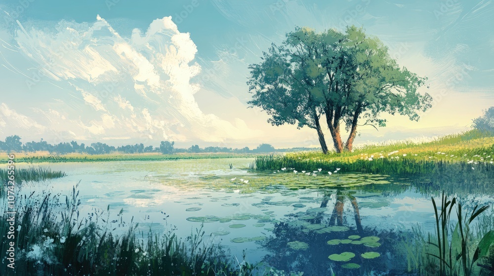 Obraz premium Serene illustration of a natural landscape featuring a tranquil swamp scene