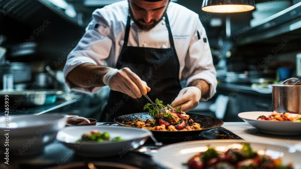 Chef Carefully Arranging a Plate of Food in a Restaurant Kitchen Chef Carefully Arranging a Plate of Food in a Restaurant Kitchen