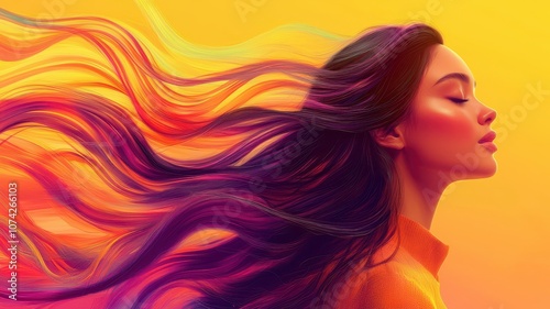 A vibrant illustration of a woman with flowing hair against a colorful background, embodying beauty and movement.