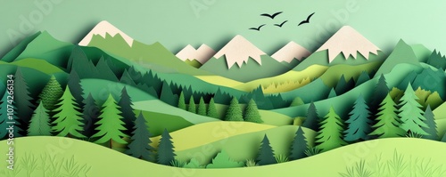 Beautiful layered paper landscape with mountains and trees.