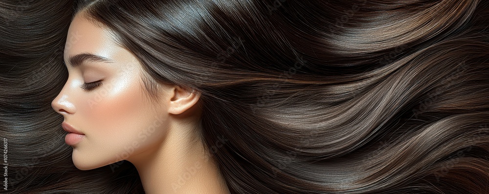 A serene portrait of a woman with flowing, glossy hair, showcasing natural beauty and elegance.