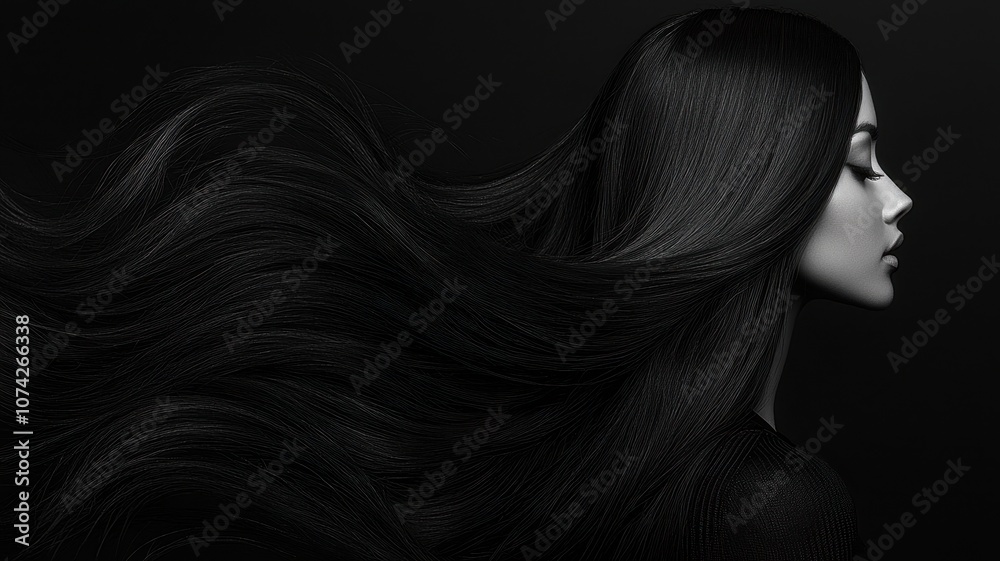 A sleek, monochromatic portrait showcases a profile view of a woman with flowing, textured hair against a dark backdrop. A sleek, monochromatic portrait showcases a profile view of a woman with flowing, textured hair against a dark backdrop.