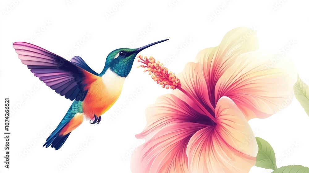 Obraz premium Colorful tropical hummingbird with a flower on a white background 2D cartoon illustration depicting a vibrant paradise bird hovering over a blooming flower