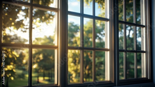 A serene view through wooden windows, showcasing sunlight filtering through trees, creating a tranquil atmosphere.