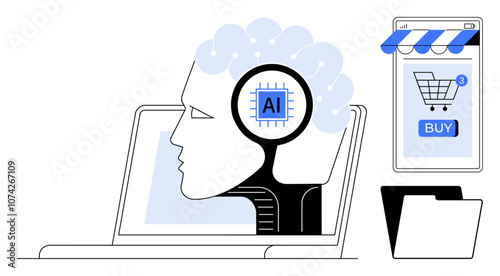 Human-like head with AI chip on laptop, shopping cart on smartphone, folder. Ideal for technology, AI advancement, e-commerce, digital innovation, business automation. Minimalist vector art style