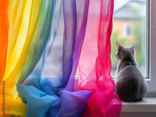 Wallpaper Mural A gray cat sits by a window, gazing outside through colorful sheer curtains. Torontodigital.ca