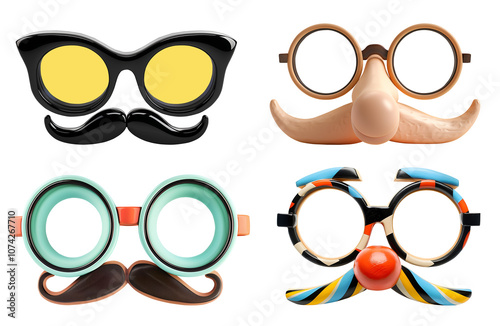 Collection Set of fake nose glasses googles mustache moustache novelty disguise Dress Up Props Costume on transparent cutout PNG file. Many different design. Mockup template for artwork