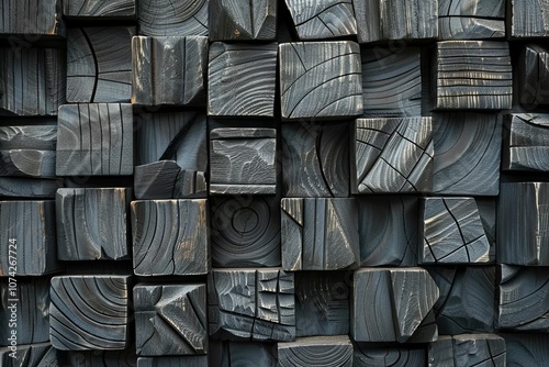 A wall of dark wooden blocks. photo