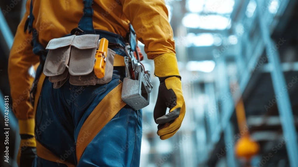 A worker in a yellow and blue outfit carries tools in a belt, walking through a warehouse or industrial setting. A worker in a yellow and blue outfit carries tools in a belt, walking through a warehouse or industrial setting.