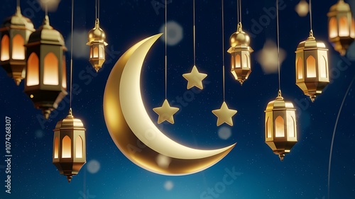 Golden crescent moon and stars with hanging lanterns against a blue starry night sky