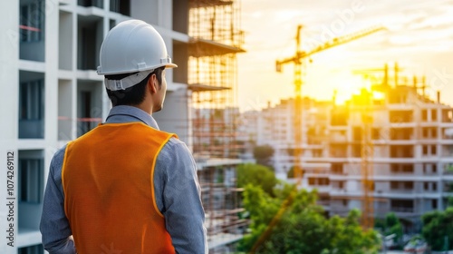 A construction worker in a helmet and safety vest observes a building site at sunset, surrounded by cranes and under construction structures.