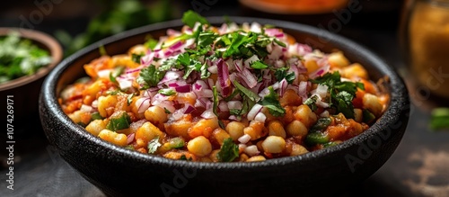 A bowl of chickpeas, corn, and onion salad with cilantro garnish.