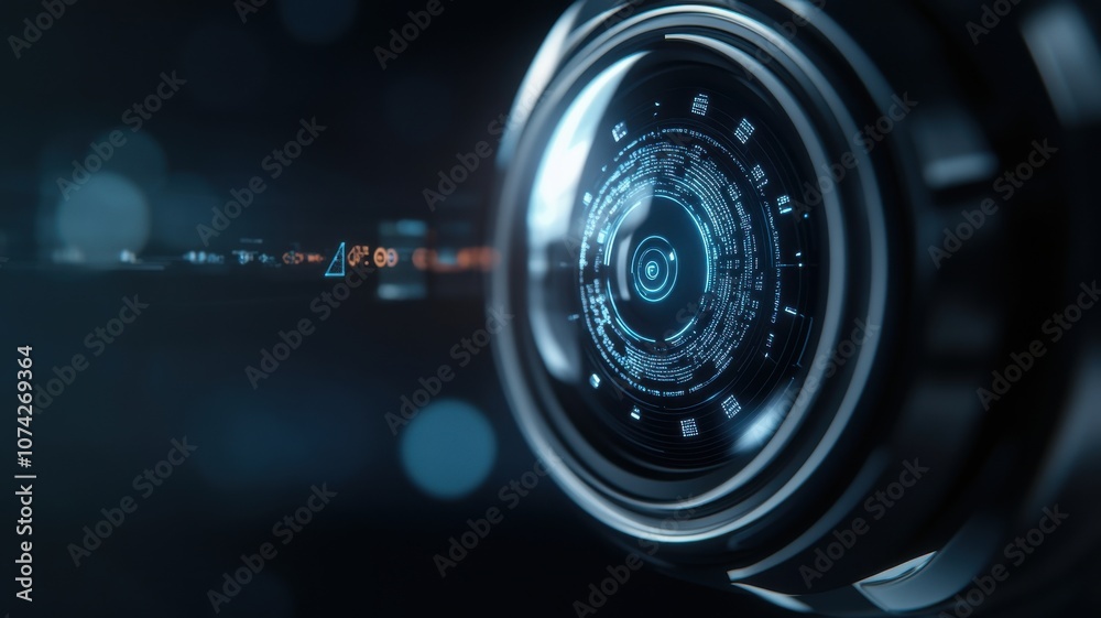 Close-up of a futuristic camera lens with digital interface. Close-up of a futuristic camera lens with digital interface.