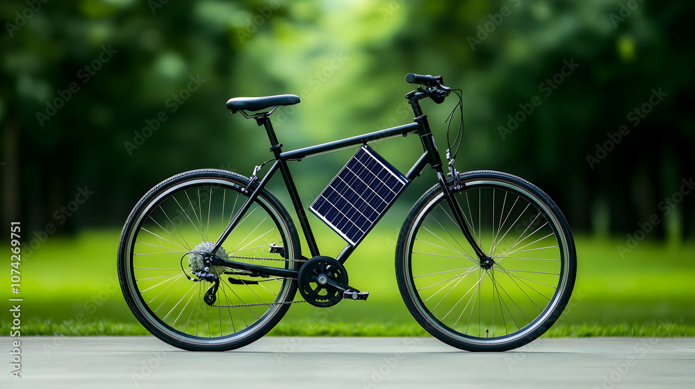 Fototapeta premium A sleek black bicycle with a solar panel, ideal for eco-friendly transportation in a green landscape.