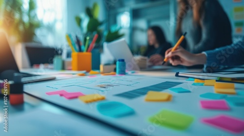 A creative brainstorming session in a modern office, with team members writing ideas on a whiteboard.