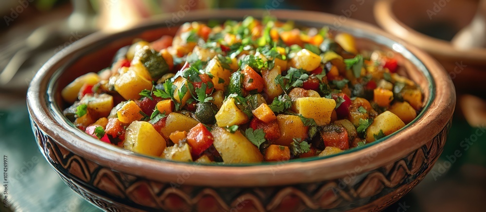 Close-up of a bowl of colorful, chopped vegetables, including potatoes, carrots, peppers, and herbs. Close-up of a bowl of colorful, chopped vegetables, including potatoes, carrots, peppers, and herbs.